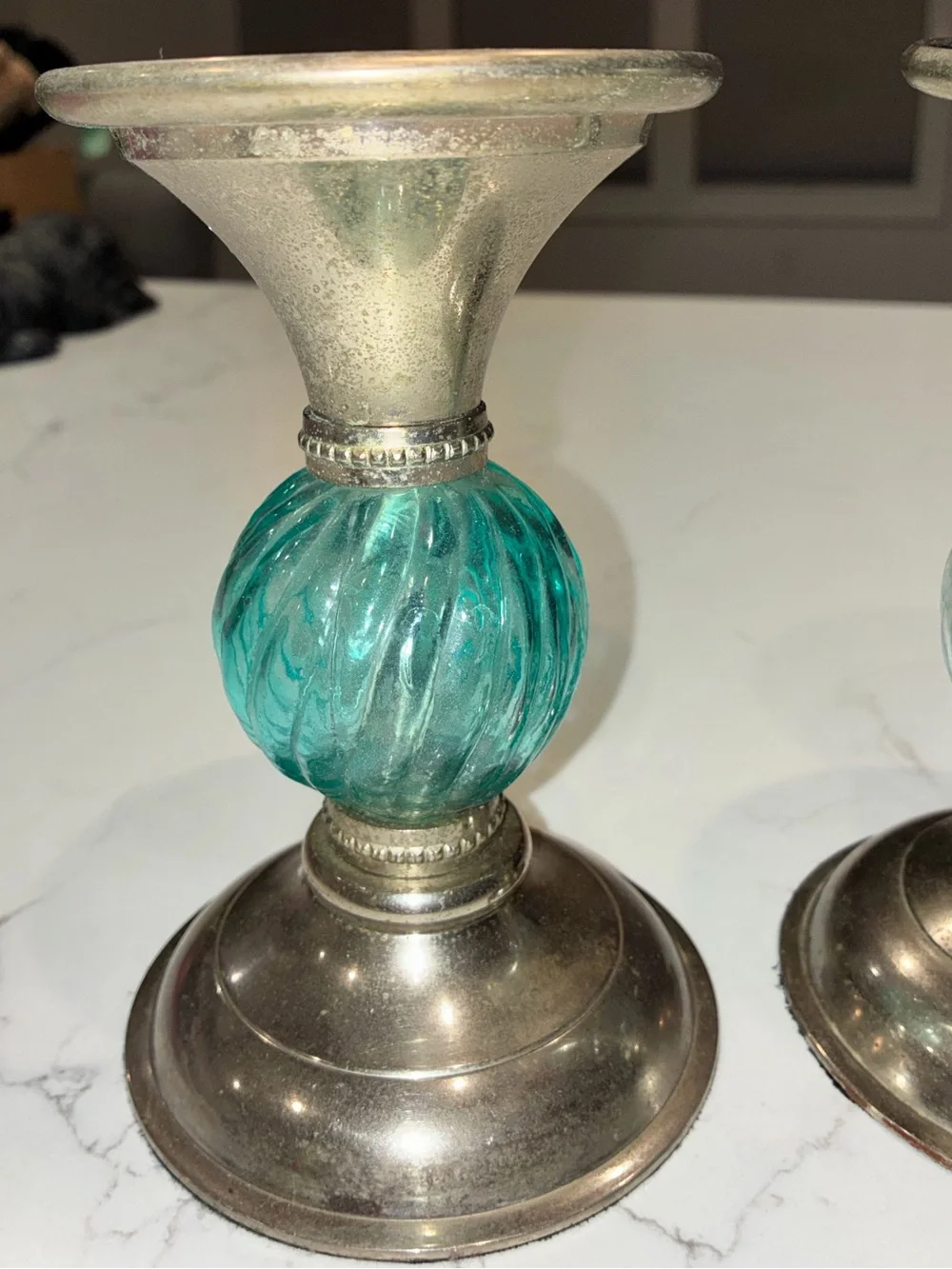 Vintage Silver Plated Pillar Candle Holders Set - Swirled Turquoise Blue Glass
